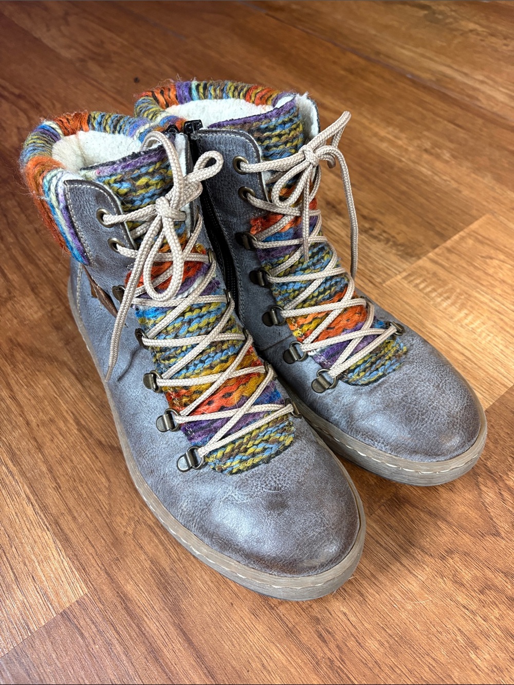 Rieker Gray Leather Lace-Up Boots with Multicolor Knit Accents